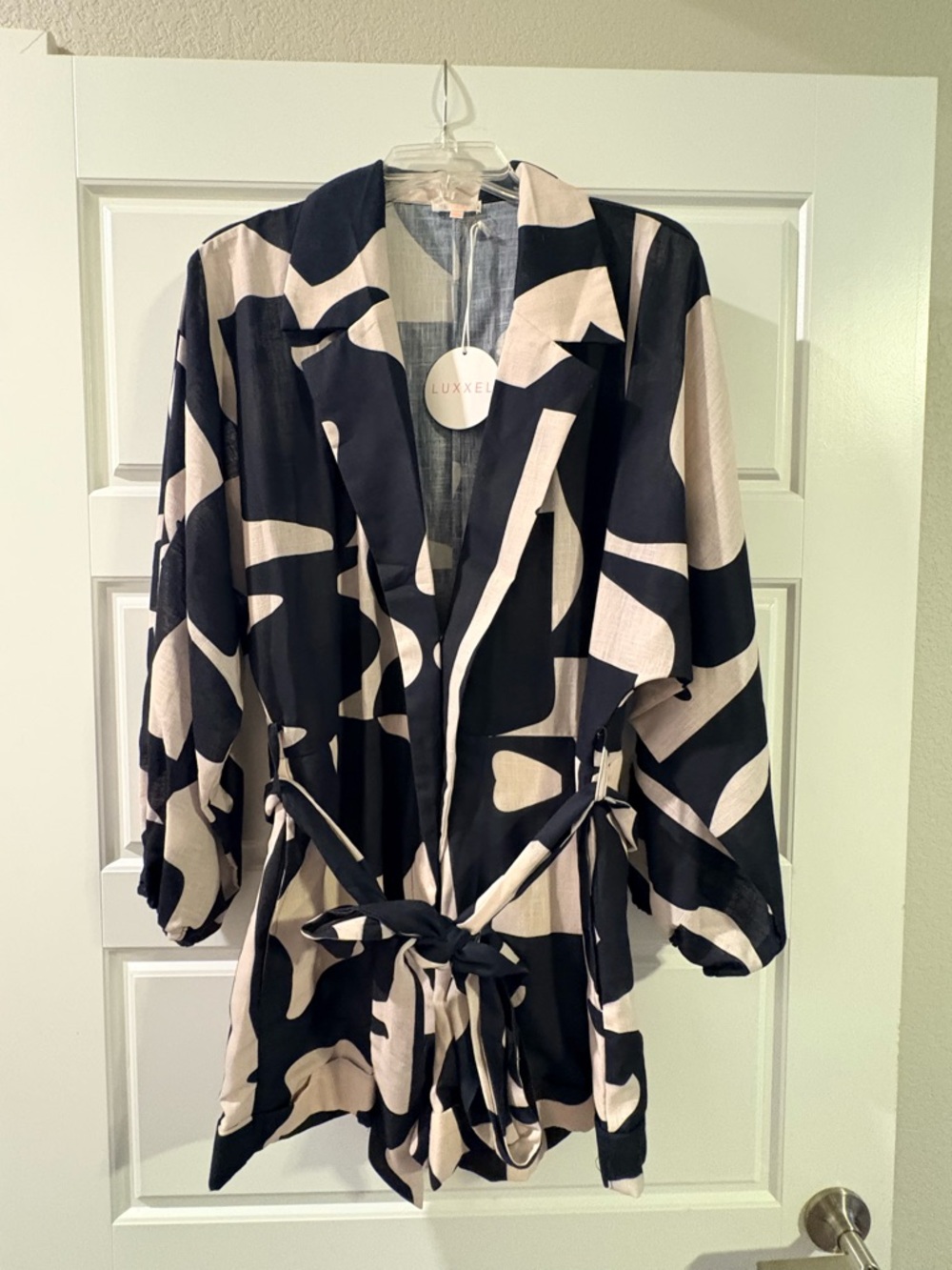 Luxxel Navy, Cream & Gray Abstract Open Jacket